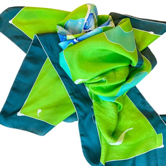 Silky scarf brilliant green & blue floral large square mod art-to-wear vintage - Picture 8 of 8